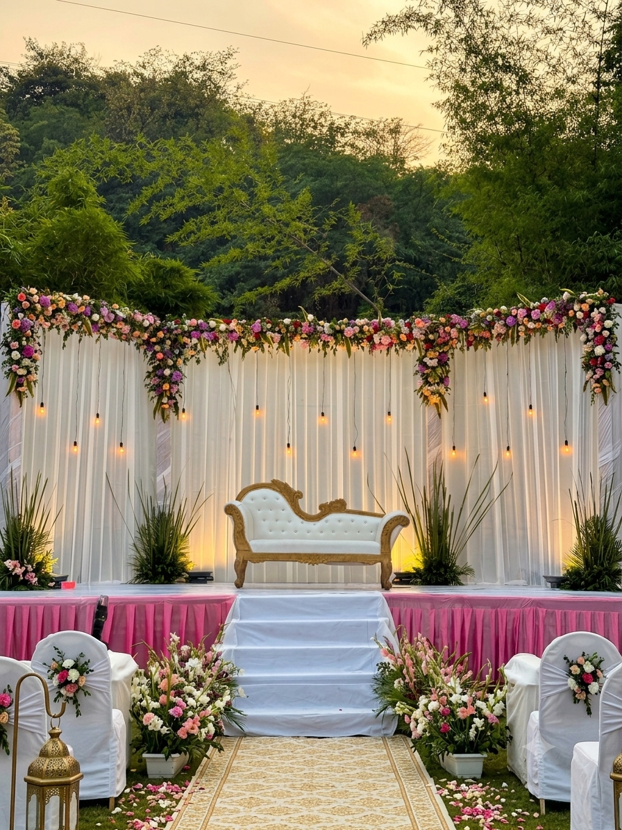 Birthday party decoration with balloons and backdrop