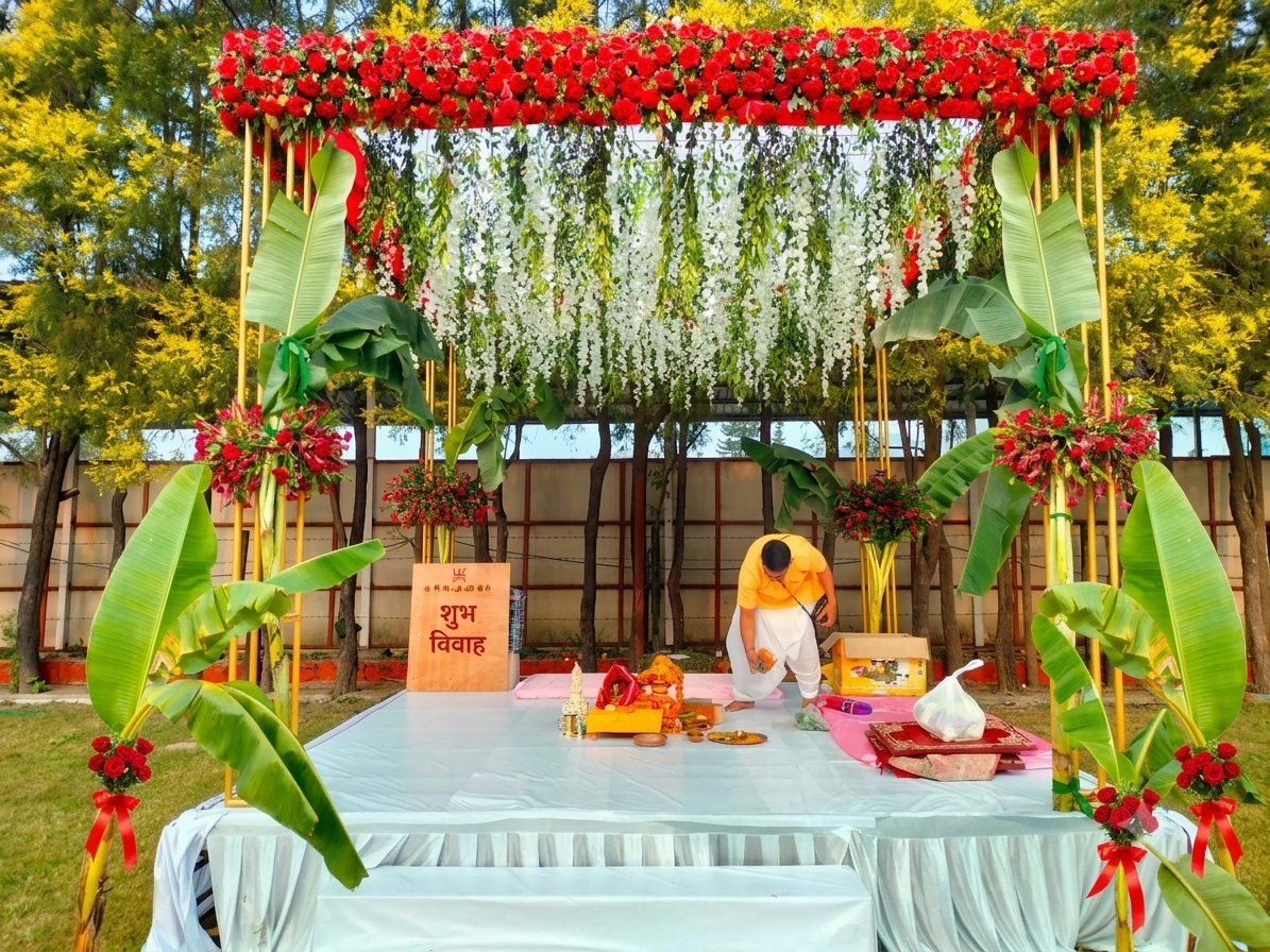 Team setting up wedding décor on the ground